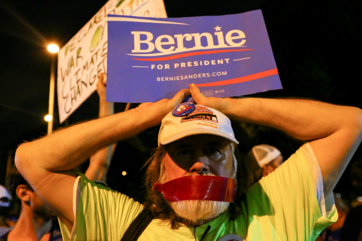 A protestor with tape over his mouth on the last day of the 2016 Democratic National Convention in Philadelphia, July 28.